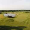 Aerial view of the 1st green and fairway at PohlCat Golf Course.