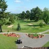 A view of green flanked by bunkers from the clubhouse at Lincoln Golf Club