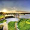 Sunset view of the gazebo and lake at Solitude Links Golf Course & Banquet Center