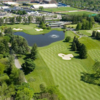Aerial view of the 18th fairway and green at University of Michigan Golf Course