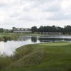 A view of the 17th tee with clubhouse in background at Hawk Hollow Golf Course