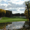 A view of hole #15 surrounded by water at Moose Ridge Golf Course